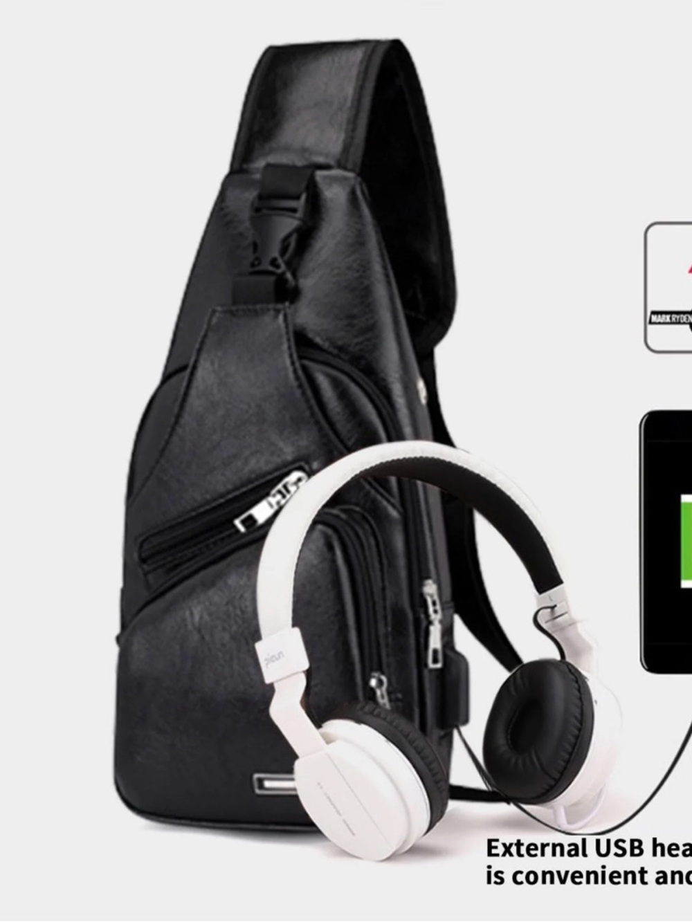 Men's Black Sling Crossbody Bag with External USB Port